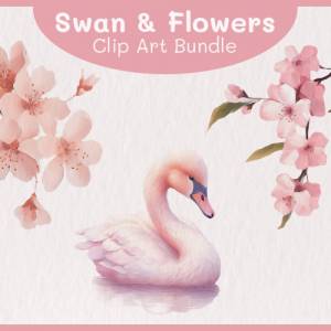 Schwan & Blume Clipart Bundle - 10x PNG Bilder Transparenter Hintergrund - Aquarell gemalte pinke Schwäne & Blumen Bild 1