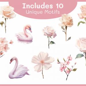 Schwan & Blume Clipart Bundle - 10x PNG Bilder Transparenter Hintergrund - Aquarell gemalte pinke Schwäne & Blumen Bild 3