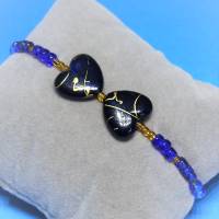 Rocaillesarmband, 2 Herzen, blau, gold, elastisches Armband, Acrylherzen, Rocailles, Armschmuck dehnbar Bild 1