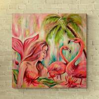 VERZAUBERTE OASE DER TRÄUME - großes Gemälde mit einer Meerjungfrau und Flamingos von Christiane Schwarz Bild 1