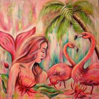 VERZAUBERTE OASE DER TRÄUME - großes Gemälde mit einer Meerjungfrau und Flamingos von Christiane Schwarz Bild 2