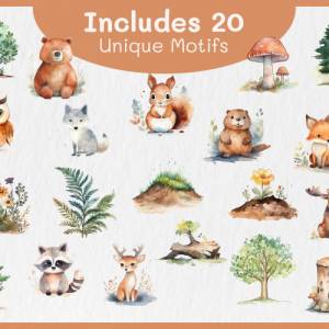 Süße Wald Tiere Clipart Bundle - 20x PNG Bilder Transparenter Hintergrund - Aquarell gemalte Bäume & Wildtiere Bild 2