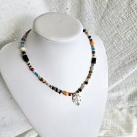 Edelsteinkette, bunte Perlenkette, bunte Kette, kurze Kette, Hippiekette für Layering, Kette mit Blatt Anhänger Bild 2