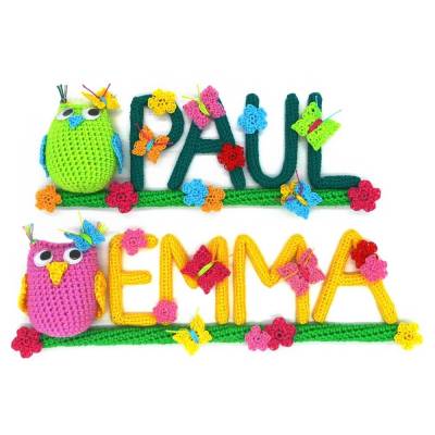 Häkelanleitung Namensschild Eule mit Häkel-Buchstaben komplettes Alphabet - einfach aus Wollresten