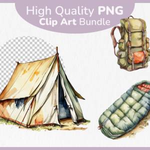 Retro Campingausrüstung Clipart Bundle - 12x PNG Bilder Transparenter Hintergrund - Aquarell gemalte Vintage Camping Bild 1