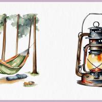 Retro Campingausrüstung Clipart Bundle - 12x PNG Bilder Transparenter Hintergrund - Aquarell gemalte Vintage Camping Bild 10