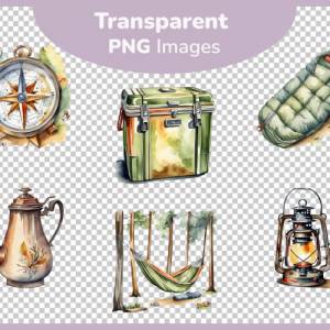 Retro Campingausrüstung Clipart Bundle - 12x PNG Bilder Transparenter Hintergrund - Aquarell gemalte Vintage Camping Bild 3