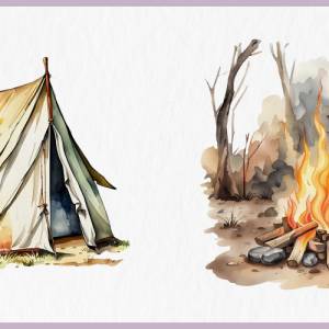 Retro Campingausrüstung Clipart Bundle - 12x PNG Bilder Transparenter Hintergrund - Aquarell gemalte Vintage Camping Bild 5