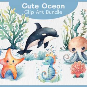 Süße Ozean Tiere Clipart Bundle - 20x PNG Bilder Transparenter Hintergrund - Aquarell gemalte Unterwasser Meerestiere Bild 1