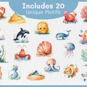 Süße Ozean Tiere Clipart Bundle - 20x PNG Bilder Transparenter Hintergrund - Aquarell gemalte Unterwasser Meerestiere Bild 2