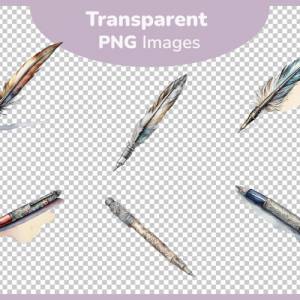 Schreibfedern & Tintenfässer Clipart Bundle - 12x PNG Bilder Transparenter Hintergrund - Aquarell gemalte Retro Füller Bild 3