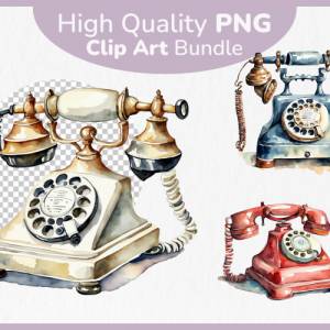 Vintage Telefon Clipart Bundle - 12x PNG Bilder Transparenter Hintergrund - Aquarell gemalte Retro Telefone Bild 1