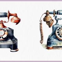 Vintage Telefon Clipart Bundle - 12x PNG Bilder Transparenter Hintergrund - Aquarell gemalte Retro Telefone Bild 10