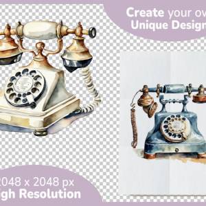 Vintage Telefon Clipart Bundle - 12x PNG Bilder Transparenter Hintergrund - Aquarell gemalte Retro Telefone Bild 4