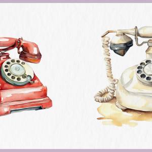 Vintage Telefon Clipart Bundle - 12x PNG Bilder Transparenter Hintergrund - Aquarell gemalte Retro Telefone Bild 5
