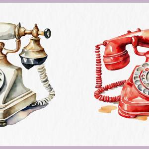 Vintage Telefon Clipart Bundle - 12x PNG Bilder Transparenter Hintergrund - Aquarell gemalte Retro Telefone Bild 6