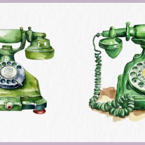 Vintage Telefon Clipart Bundle - 12x PNG Bilder Transparenter Hintergrund - Aquarell gemalte Retro Telefone Bild 7