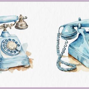 Vintage Telefon Clipart Bundle - 12x PNG Bilder Transparenter Hintergrund - Aquarell gemalte Retro Telefone Bild 8