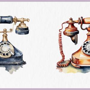 Vintage Telefon Clipart Bundle - 12x PNG Bilder Transparenter Hintergrund - Aquarell gemalte Retro Telefone Bild 9