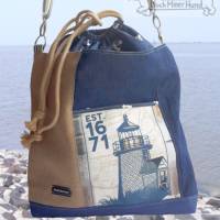 Maritime Tasche in Blau- und Brauntönen mit viel Platz, wunderbar leichter Hingucker! Leuchtturm, Anker, Seestern Bild 1