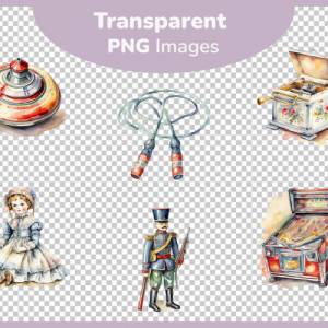Vintage Spielzeug Clipart Bundle - 12x PNG Bilder Transparenter Hintergrund - Aquarell gemalt Retro Spielzeuge - Kommerz Bild 3