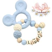 Greifling mit Namen Beißring ☆ Junge ☆ Silikon Mouse Maus blau natur ☆ Geschenk zur Geburt Taufe oder Babyparty Bild 1