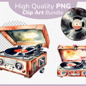 Retro Schallplattenspieler Clipart Bundle - 12x PNG Bilder Transparenter Hintergrund - Aquarell gemalt Vintage Vinyl Bild 1