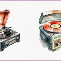 Retro Schallplattenspieler Clipart Bundle - 12x PNG Bilder Transparenter Hintergrund - Aquarell gemalt Vintage Vinyl Bild 10