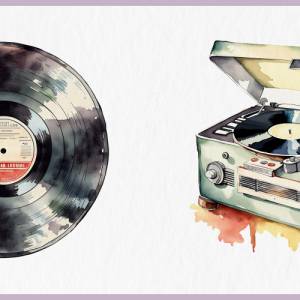 Retro Schallplattenspieler Clipart Bundle - 12x PNG Bilder Transparenter Hintergrund - Aquarell gemalt Vintage Vinyl Bild 5