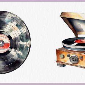 Retro Schallplattenspieler Clipart Bundle - 12x PNG Bilder Transparenter Hintergrund - Aquarell gemalt Vintage Vinyl Bild 6