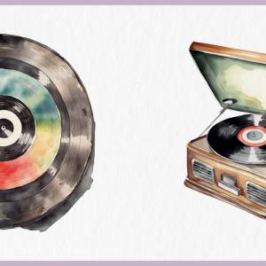 Retro Schallplattenspieler Clipart Bundle - 12x PNG Bilder Transparenter Hintergrund - Aquarell gemalt Vintage Vinyl Bild 7