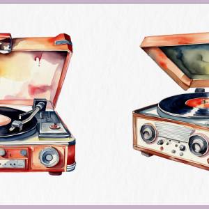 Retro Schallplattenspieler Clipart Bundle - 12x PNG Bilder Transparenter Hintergrund - Aquarell gemalt Vintage Vinyl Bild 8
