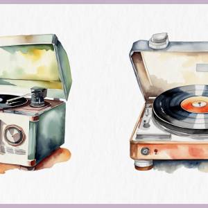 Retro Schallplattenspieler Clipart Bundle - 12x PNG Bilder Transparenter Hintergrund - Aquarell gemalt Vintage Vinyl Bild 9