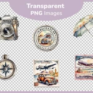 Retro Reise Utensilien Clipart Bundle - 12x PNG Bilder Transparenter Hintergrund - Aquarell gemalt Vintage Reisen Bild 3