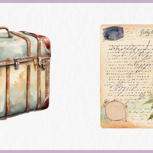 Retro Reise Utensilien Clipart Bundle - 12x PNG Bilder Transparenter Hintergrund - Aquarell gemalt Vintage Reisen Bild 6