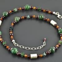 Kette mit Moosachat, Granat und 925er Silber - Edelsteinkette Sterling Silber grün rot Mandaringranat Halskette Perlen Bild 1