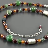 Kette mit Moosachat, Granat und 925er Silber - Edelsteinkette Sterling Silber grün rot Mandaringranat Halskette Perlen Bild 3