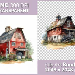 Scheune Clipart Bundle - 8x PNG Bilder Transparenter Hintergrund - Aquarell gemalte Scheunen - Freigestellte Grafik Bild 1