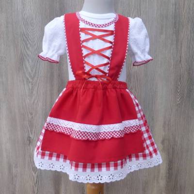 Rotes Taufkleid mit Puffärmel, Babysuit mit aufgenähtem Dirndlchen, Brautmädchenkleid in rot und weiß