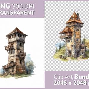 Mittelalter Wachturm Clipart Bundle - 8x PNG Bilder Transparenter Hintergrund - Aquarell gemalte Wachtürme Architektur Bild 1