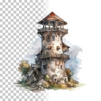 Mittelalter Wachturm Clipart Bundle - 8x PNG Bilder Transparenter Hintergrund - Aquarell gemalte Wachtürme Architektur Bild 10