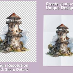Mittelalter Wachturm Clipart Bundle - 8x PNG Bilder Transparenter Hintergrund - Aquarell gemalte Wachtürme Architektur Bild 2