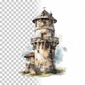 Mittelalter Wachturm Clipart Bundle - 8x PNG Bilder Transparenter Hintergrund - Aquarell gemalte Wachtürme Architektur Bild 3