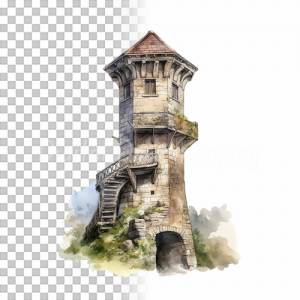 Mittelalter Wachturm Clipart Bundle - 8x PNG Bilder Transparenter Hintergrund - Aquarell gemalte Wachtürme Architektur Bild 4