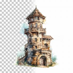 Mittelalter Wachturm Clipart Bundle - 8x PNG Bilder Transparenter Hintergrund - Aquarell gemalte Wachtürme Architektur Bild 5