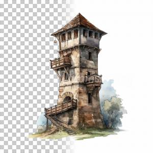 Mittelalter Wachturm Clipart Bundle - 8x PNG Bilder Transparenter Hintergrund - Aquarell gemalte Wachtürme Architektur Bild 6