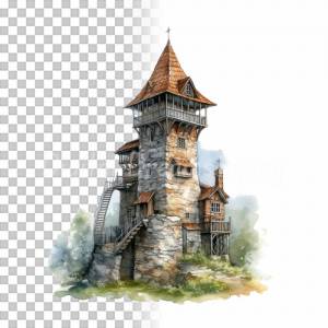 Mittelalter Wachturm Clipart Bundle - 8x PNG Bilder Transparenter Hintergrund - Aquarell gemalte Wachtürme Architektur Bild 7