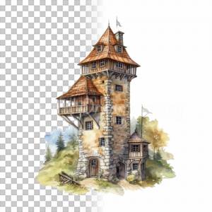 Mittelalter Wachturm Clipart Bundle - 8x PNG Bilder Transparenter Hintergrund - Aquarell gemalte Wachtürme Architektur Bild 8