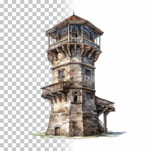 Mittelalter Wachturm Clipart Bundle - 8x PNG Bilder Transparenter Hintergrund - Aquarell gemalte Wachtürme Architektur Bild 9