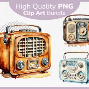 Vintage Radios Clipart Bundle - 12x PNG Bilder Transparenter Hintergrund - Aquarell gemaltes Retro Radio Bild 1